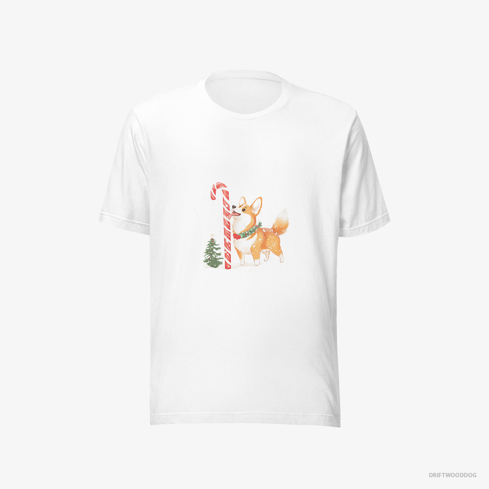 Corgi T-Shirt – Women White T-Shirt Eco-Friendly – Licking a Huge Christmas Candy Cane (on White Background)