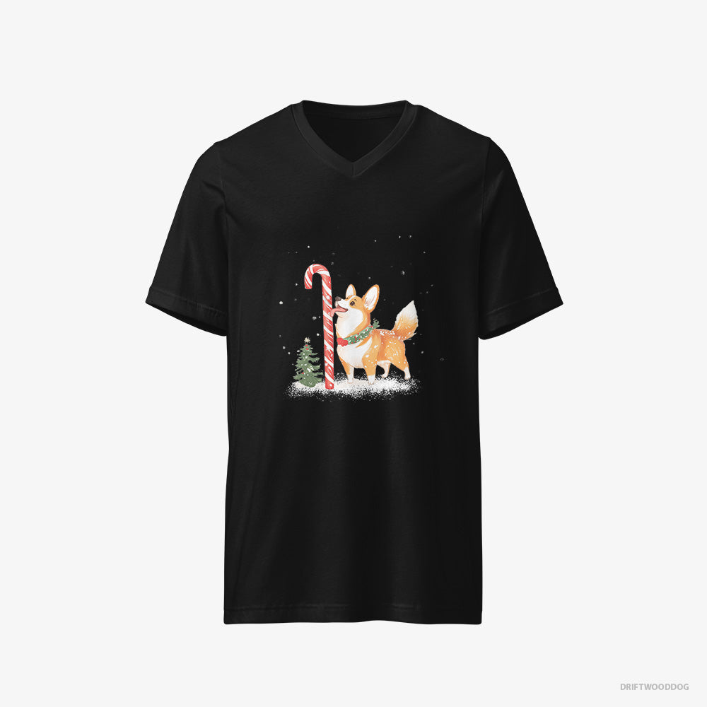 Corgi T-Shirt – Men Black T-Shirt V-Neck – Licking a Huge Christmas Candy Cane (on White Background)