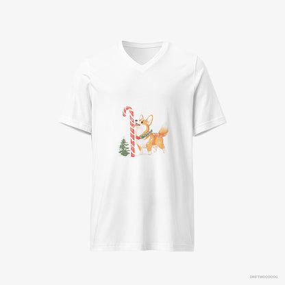 Corgi Licking a Huge Christmas Candy Cane White T-Shirt