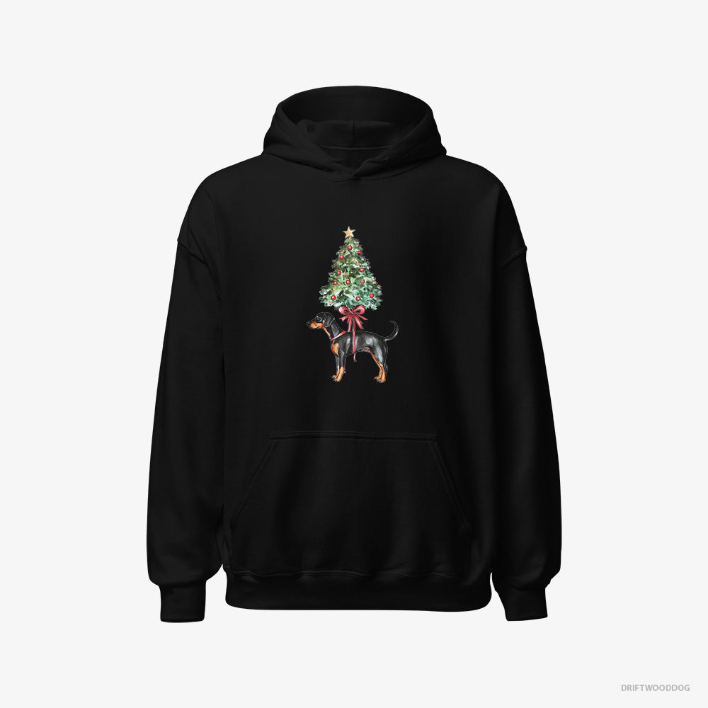 Dobermann Hoodie – Women Black Hoodie Classic – Pinned to the Christmas Tree (on White Background)