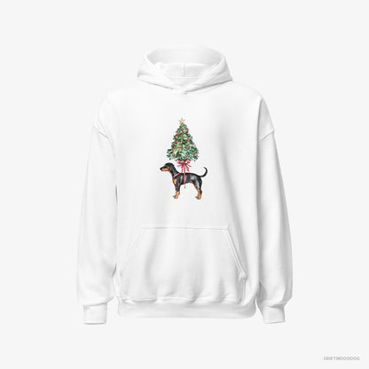 Dobermann Hoodie – Men White Hoodie Classic – Pinned to the Christmas Tree (on White Background)