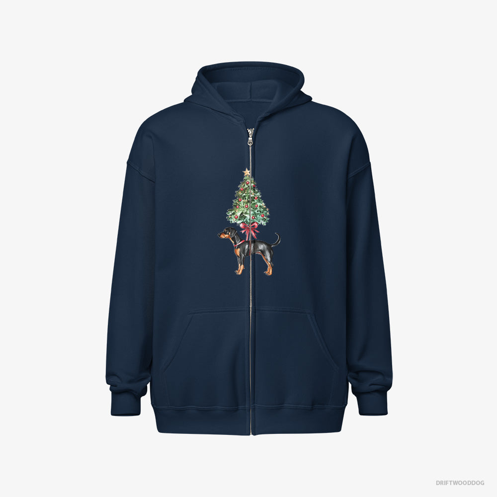 Dobermann Hoodie – Men Navy Hoodie Full-Zip – Pinned to the Christmas Tree (on White Background)