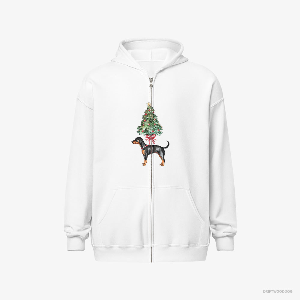 Dobermann Hoodie – Men White Hoodie Full-Zip – Pinned to the Christmas Tree (on White Background)