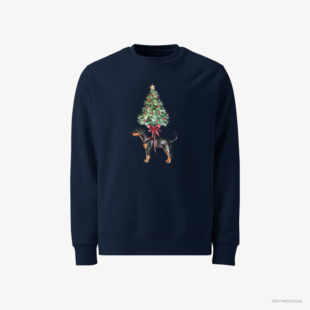 Dobermann Sweatshirt – Men Navy Sweatshirt Classic – Pinned to the Christmas Tree (on White Background)