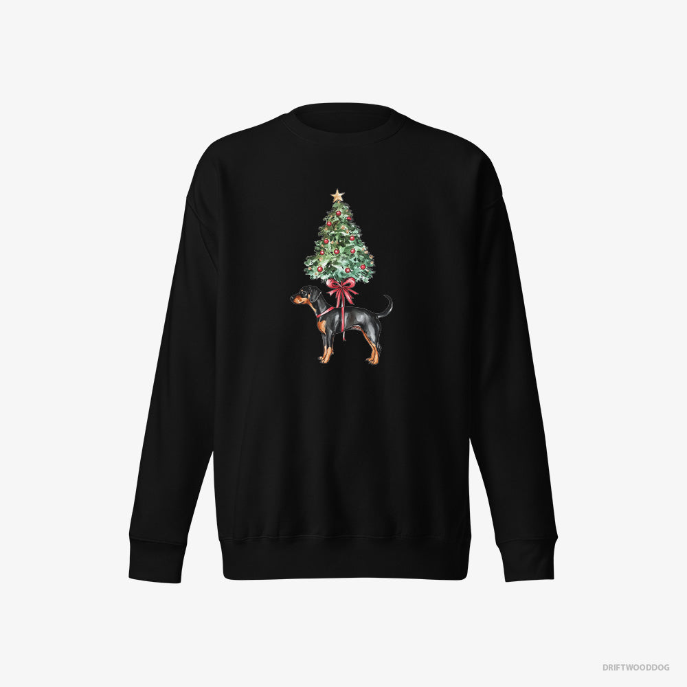 Dobermann Sweatshirt – Women Black Sweatshirt Eco-Friendly – Pinned to the Christmas Tree (on White Background)