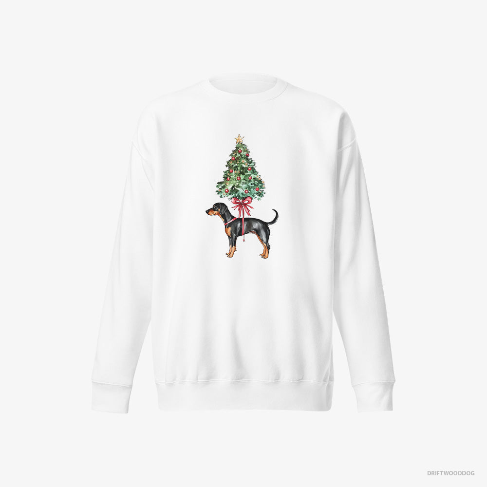 Dobermann Sweatshirt – Men White Sweatshirt Eco-Friendly – Pinned to the Christmas Tree (on White Background)