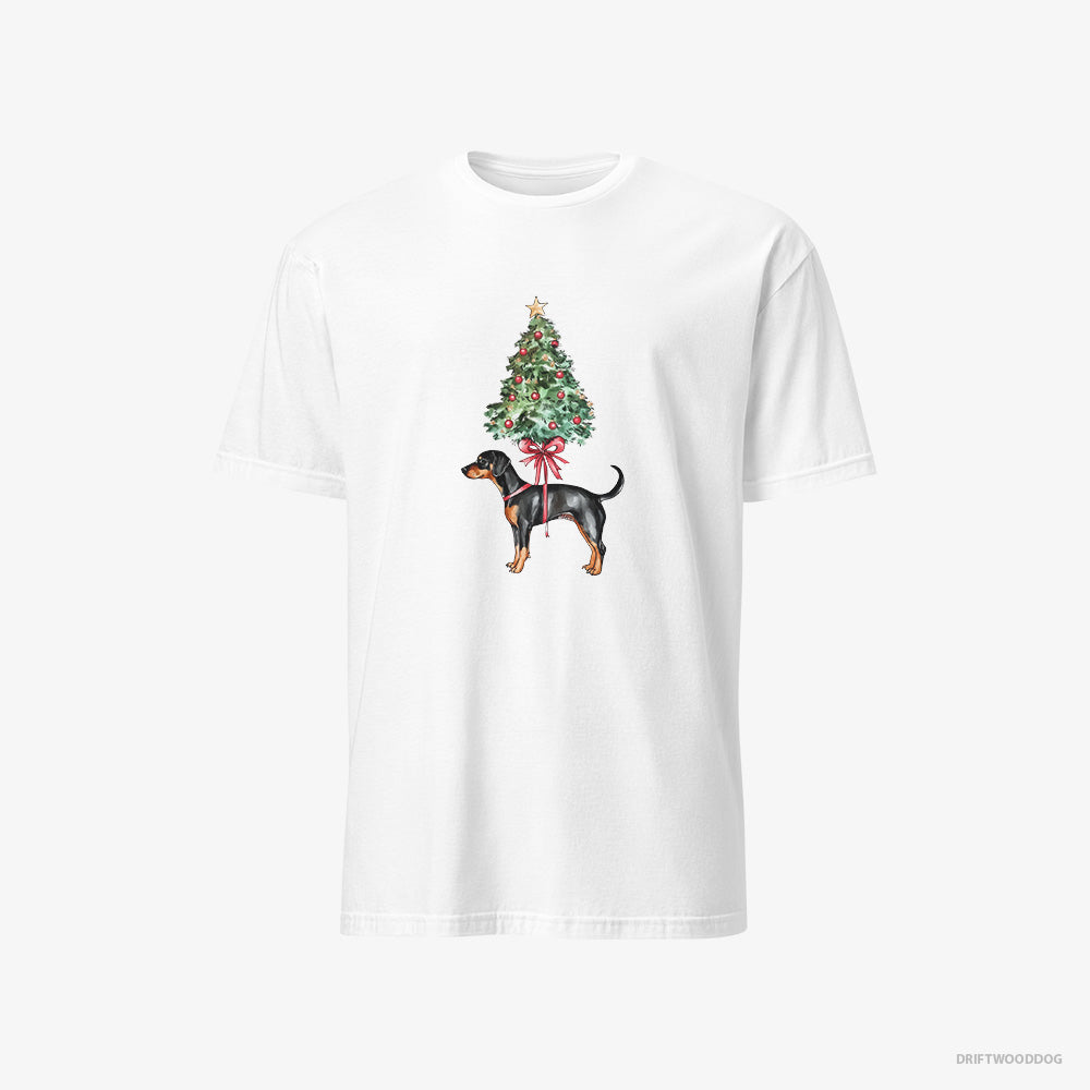 Dobermann T-Shirt – Men White T-Shirt Classic – Pinned to the Christmas Tree (on White Background)