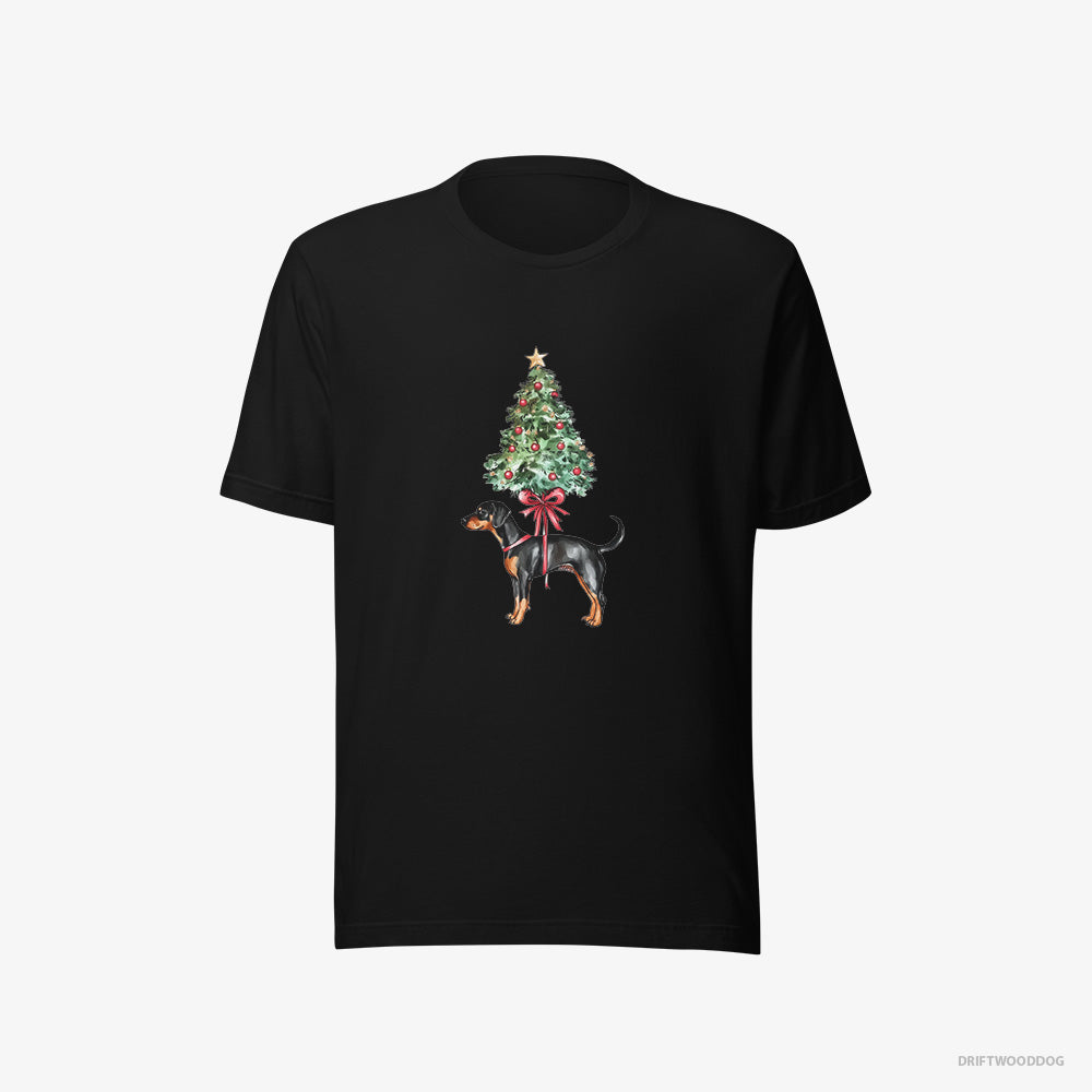 Dobermann T-Shirt – Women Black T-Shirt Eco-Friendly – Pinned to the Christmas Tree (on White Background)