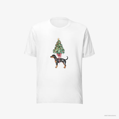 Dobermann T-Shirt – Men White T-Shirt Eco-Friendly – Pinned to the Christmas Tree (on White Background)