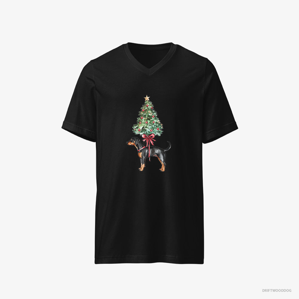 Dobermann T-Shirt – Men Black T-Shirt V-Neck – Pinned to the Christmas Tree (on White Background)