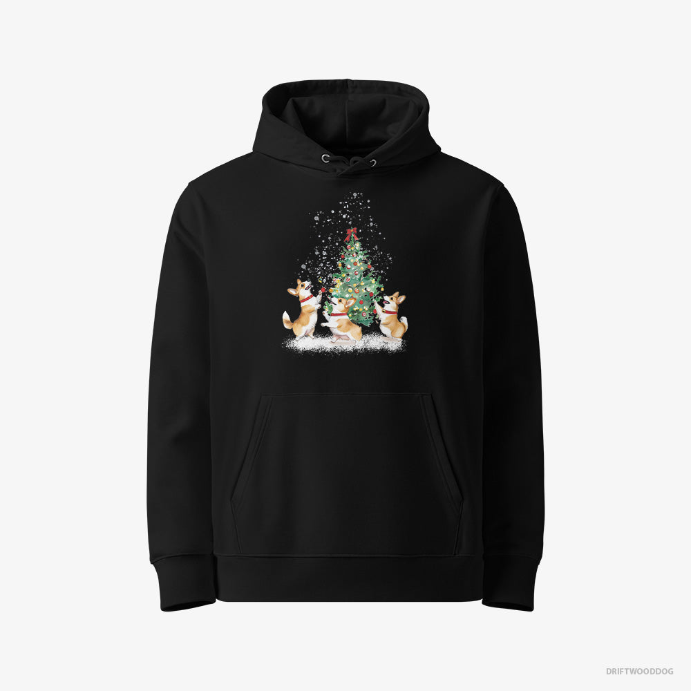 Corgi Hoodie – Men Black Hoodie Eco-Friendly – Puppies Decorating the Christmas Tree (on White Background)