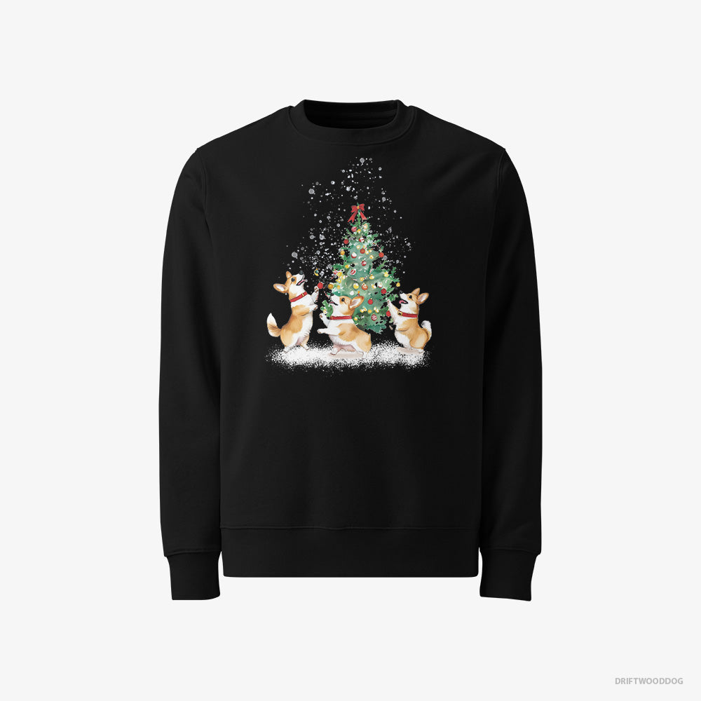 Corgi Sweatshirt – Men Black Sweatshirt Classic – Puppies Decorating the Christmas Tree (on White Background)