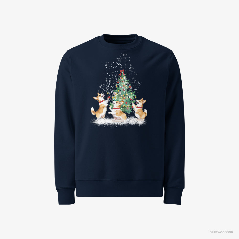 Corgi Sweatshirt – Men Navy Sweatshirt Classic – Puppies Decorating the Christmas Tree (on White Background)