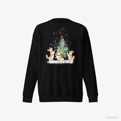 Corgi Sweatshirt – Men Black Sweatshirt Eco-Friendly – Puppies Decorating the Christmas Tree (on White Background)