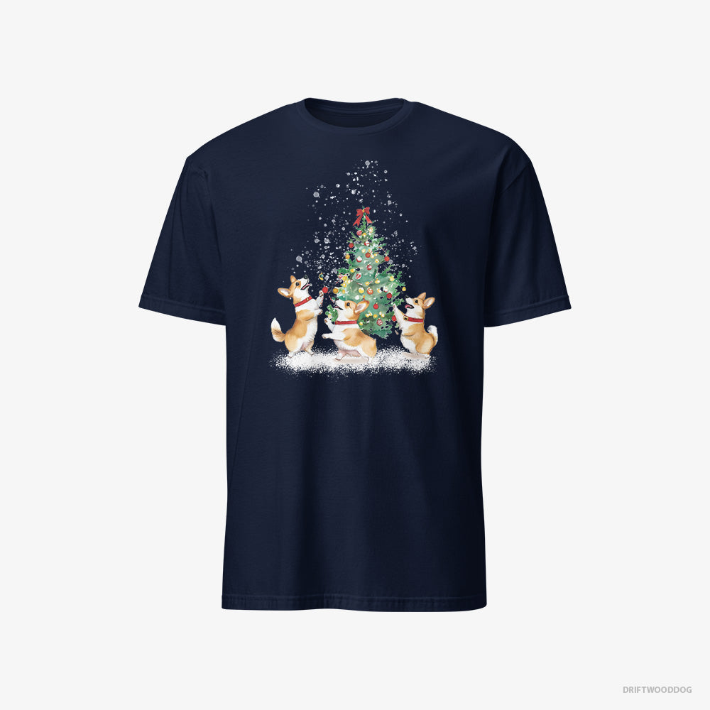 Corgi T-Shirt – Men Navy T-Shirt Classic – Puppies Decorating the Christmas Tree (on White Background)