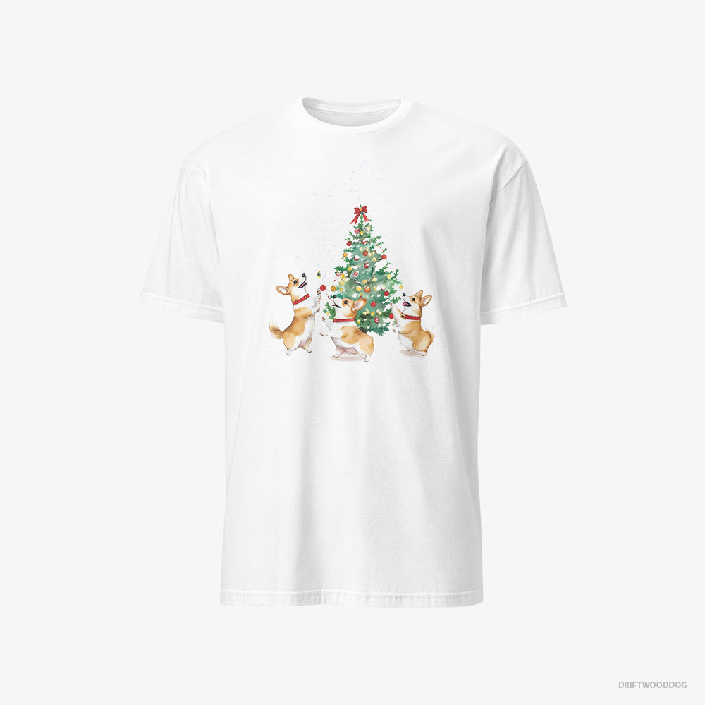 Corgi T-Shirt – Men White T-Shirt Classic – Puppies Decorating the Christmas Tree (on White Background)