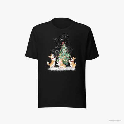 Corgi T-Shirt – Men Black T-Shirt Eco-Friendly – Puppies Decorating the Christmas Tree (on White Background)