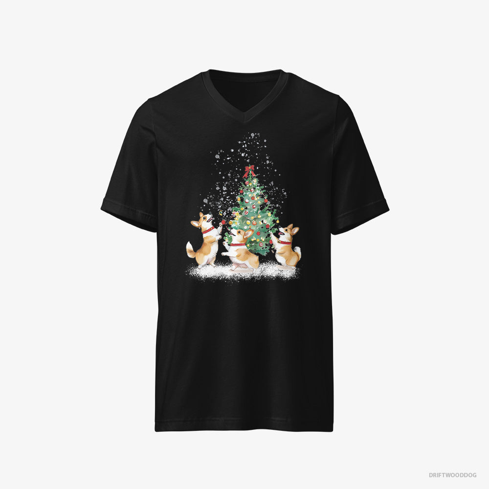 Corgi T-Shirt – Men Black T-Shirt V-Neck – Puppies Decorating the Christmas Tree (on White Background)