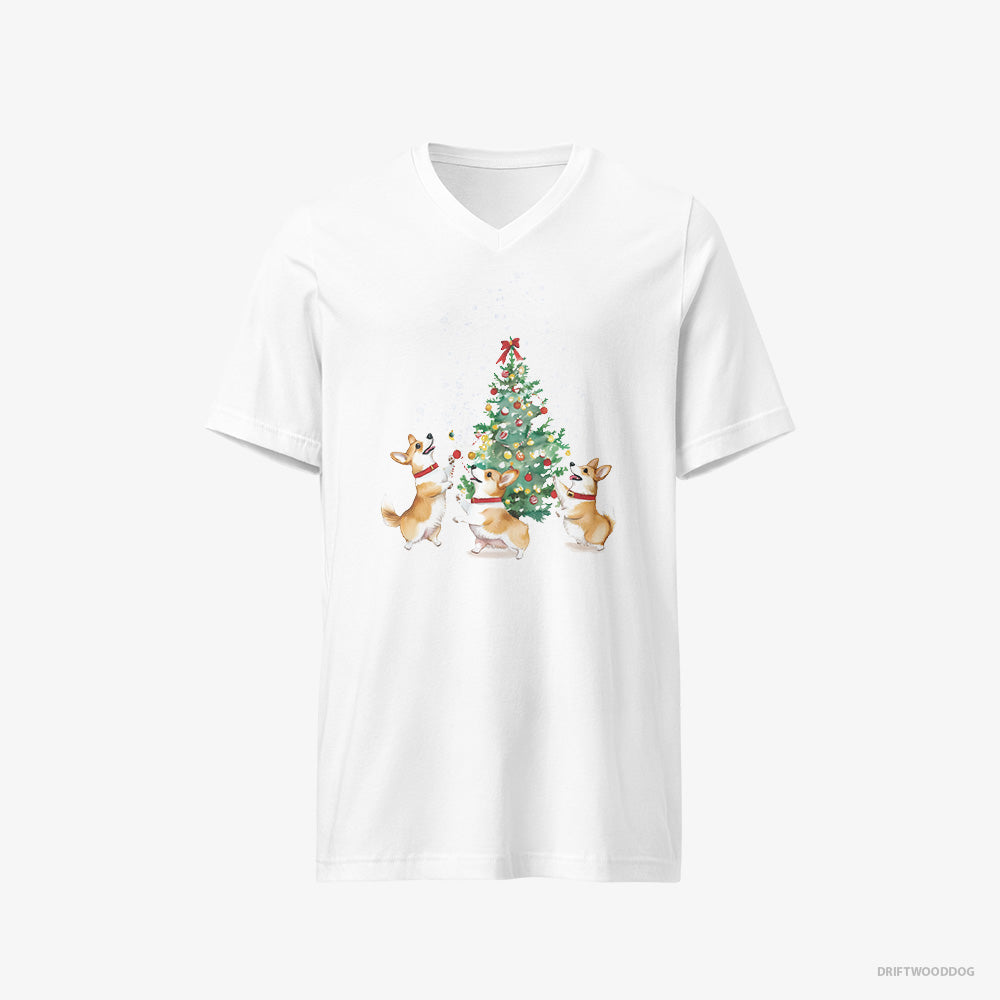 Corgi Puppies Decorating the Christmas Tree V-Neck T-Shirt