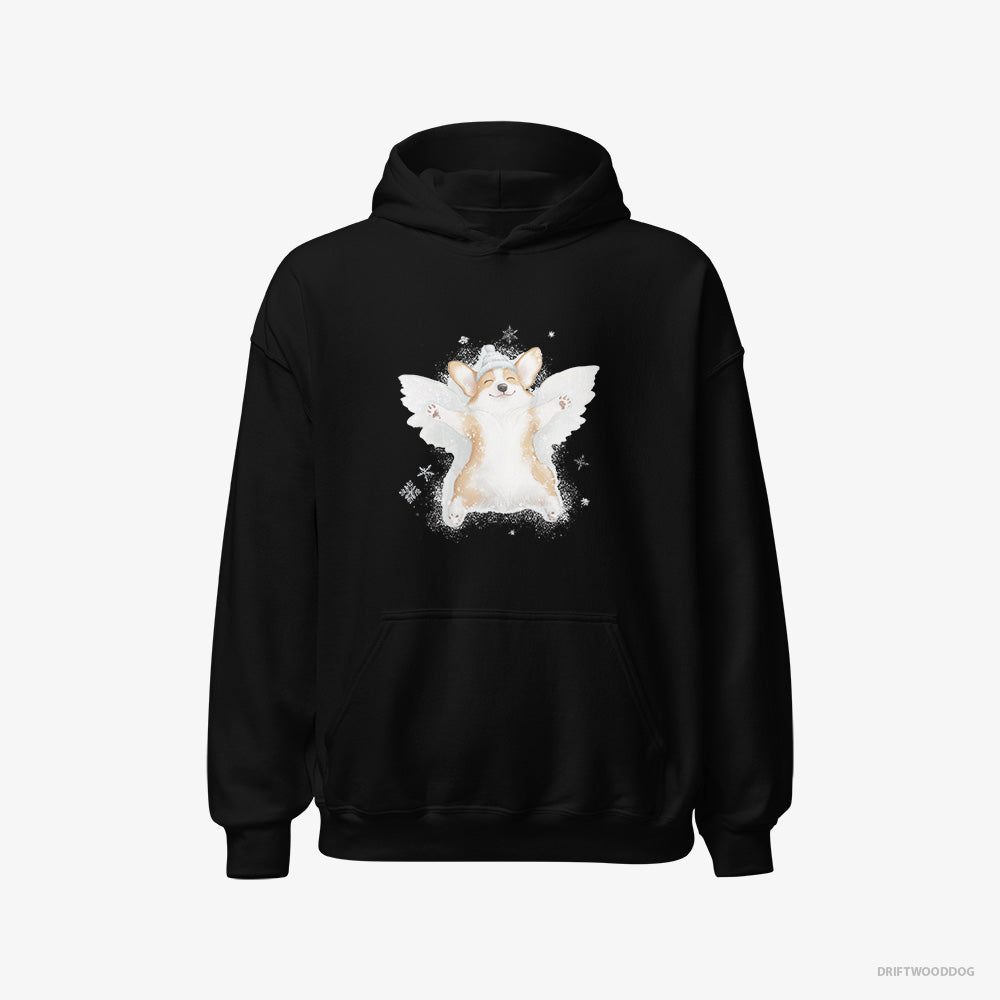 Corgi Hoodie – Women Black Hoodie Classic – Creating a Snow Angel (on White Background)