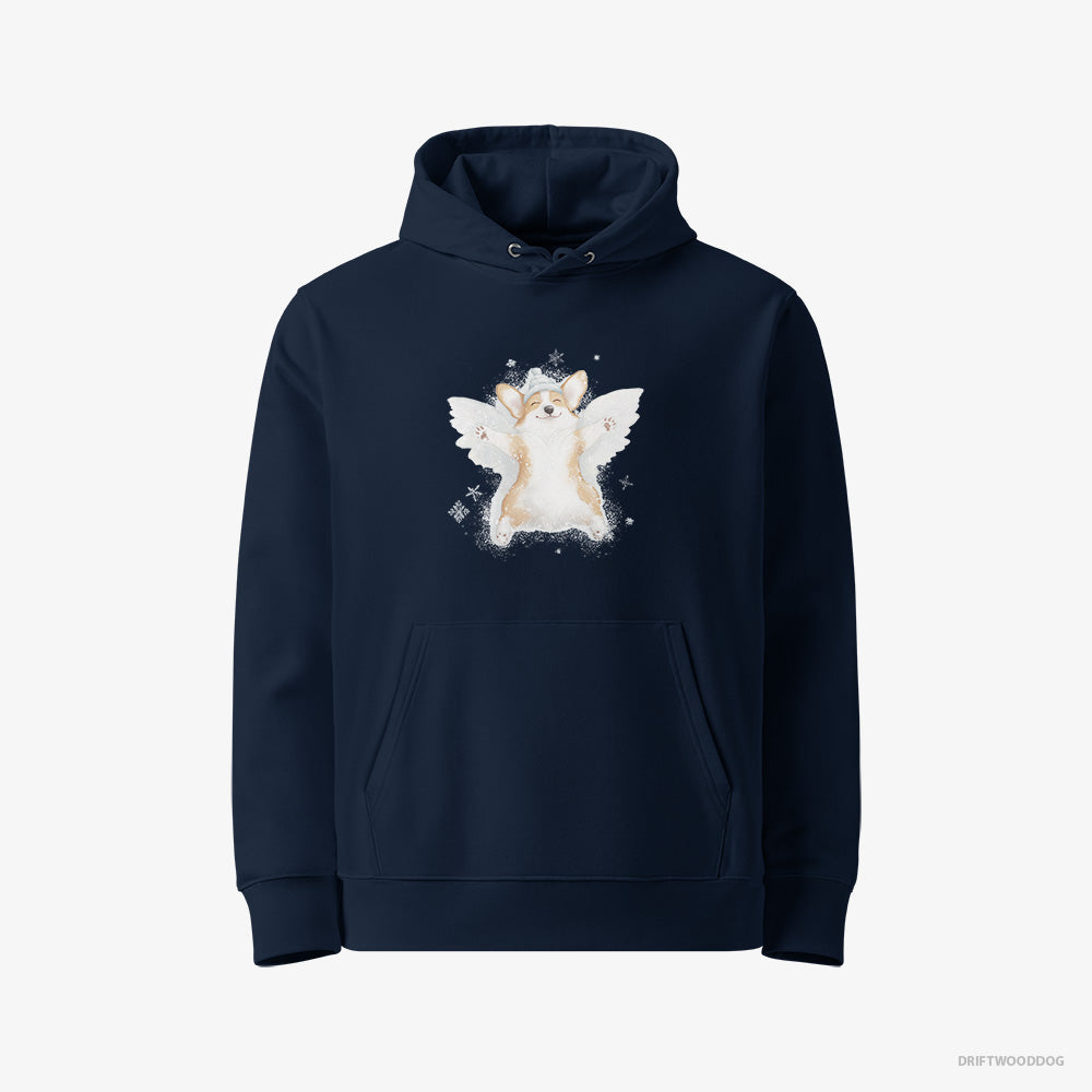 Corgi Hoodie – Women Navy Hoodie Eco-Friendly – Creating a Snow Angel (on White Background)