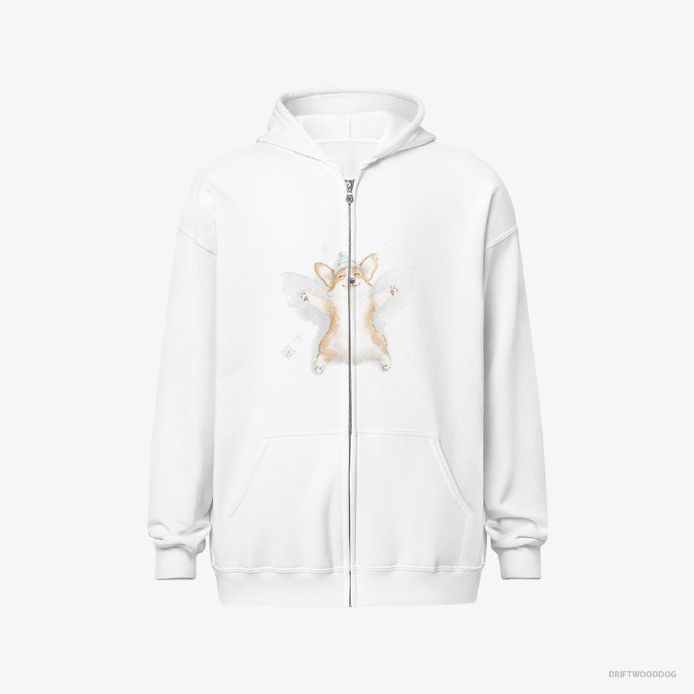 Corgi Hoodie – Men White Hoodie Full-Zip – Creating a Snow Angel (on White Background)