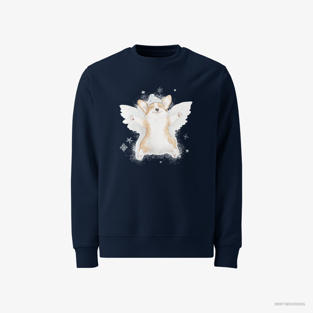 Corgi Sweatshirt – Men Navy Sweatshirt Classic – Creating a Snow Angel (on White Background)