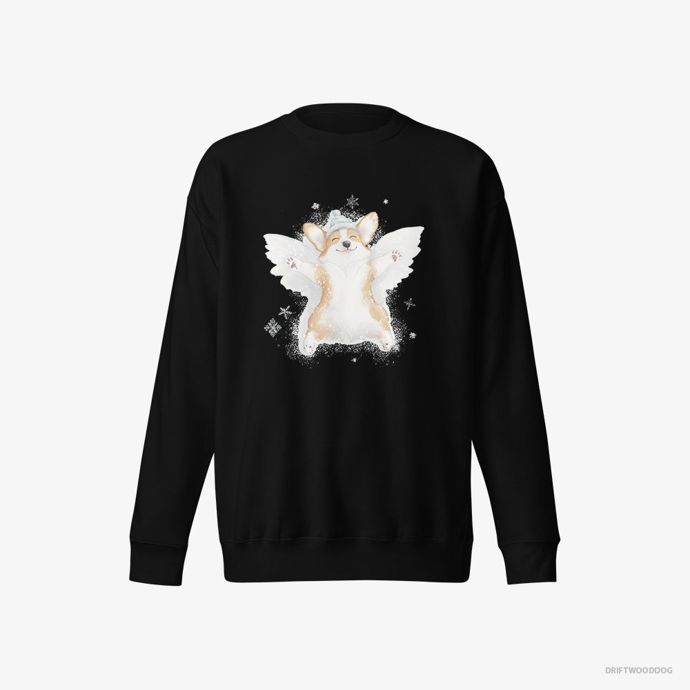 Corgi Sweatshirt – Men Black Sweatshirt Eco-Friendly – Creating a Snow Angel (on White Background)