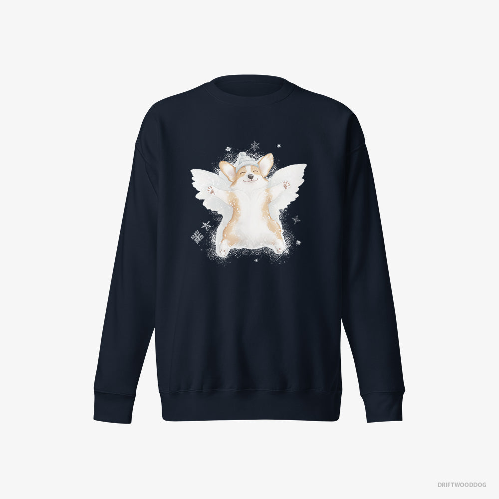 Corgi Sweatshirt – Men Navy Sweatshirt Eco-Friendly – Creating a Snow Angel (on White Background)