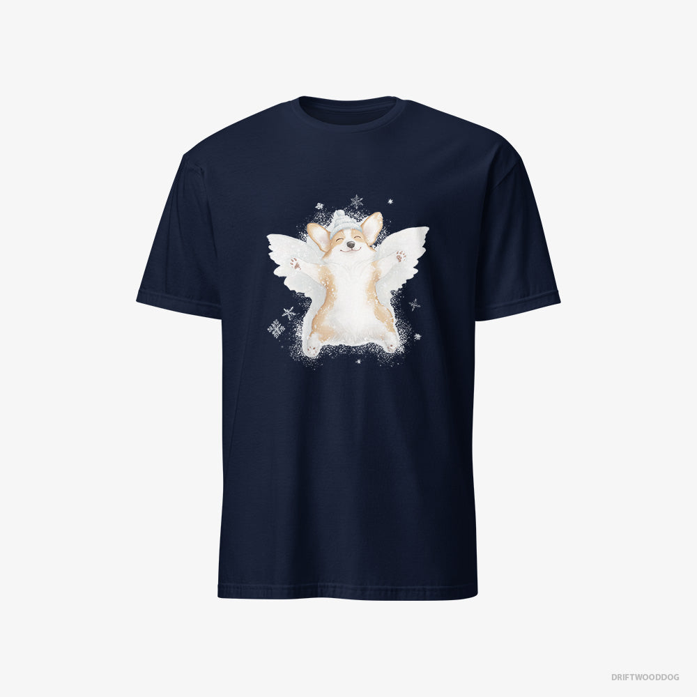 Corgi T-Shirt – Men Navy T-Shirt Classic – Creating a Snow Angel (on White Background)