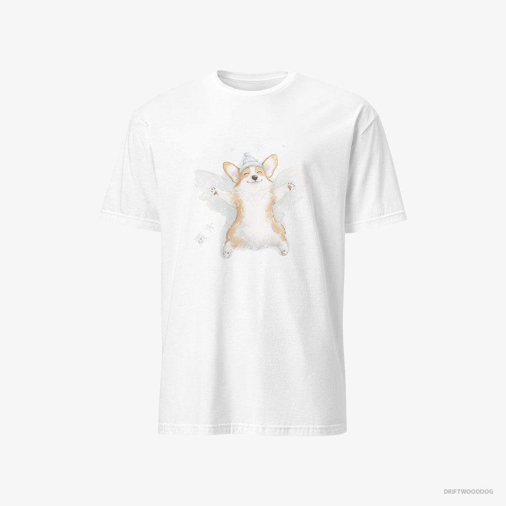 Corgi T-Shirt – Men White T-Shirt Classic – Creating a Snow Angel (on White Background)