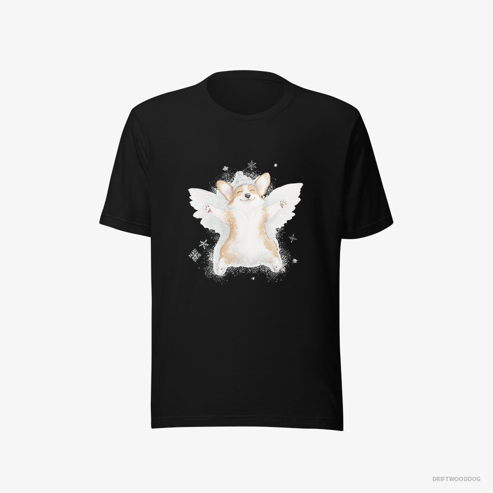 Corgi T-Shirt – Men Black T-Shirt Eco-Friendly – Creating a Snow Angel (on White Background)