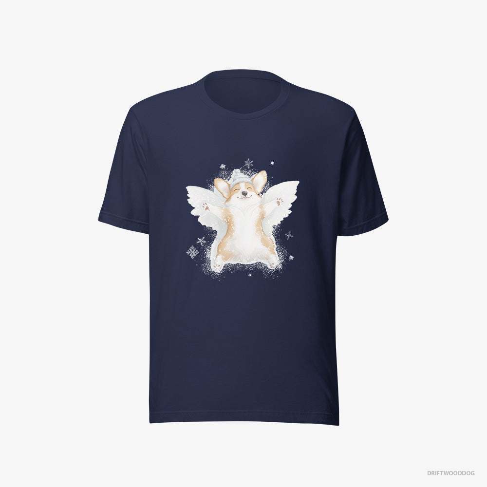 Corgi T-Shirt – Men Navy T-Shirt Eco-Friendly – Creating a Snow Angel (on White Background)