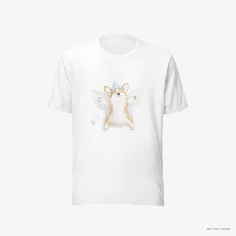 Corgi T-Shirt – Men White T-Shirt Eco-Friendly – Creating a Snow Angel (on White Background)