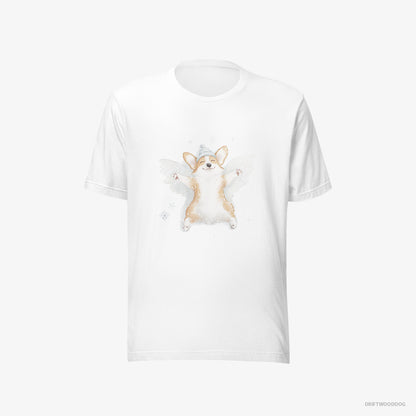 Corgi T-Shirt – Men White T-Shirt Eco-Friendly – Creating a Snow Angel (on White Background)