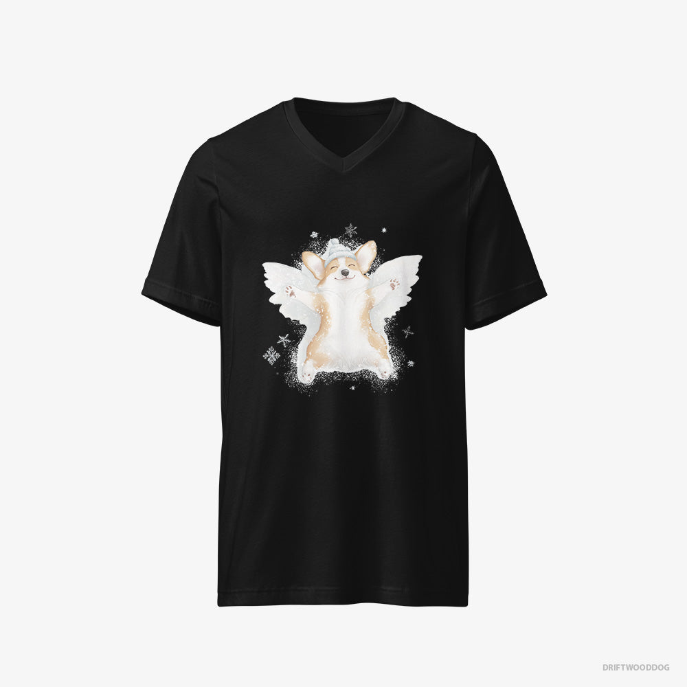 Corgi T-Shirt – Men Black T-Shirt V-Neck – Creating a Snow Angel (on White Background)