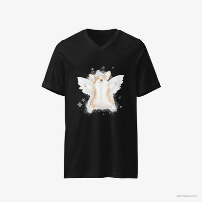 Corgi T-Shirt – Men Black T-Shirt V-Neck – Creating a Snow Angel (on White Background)