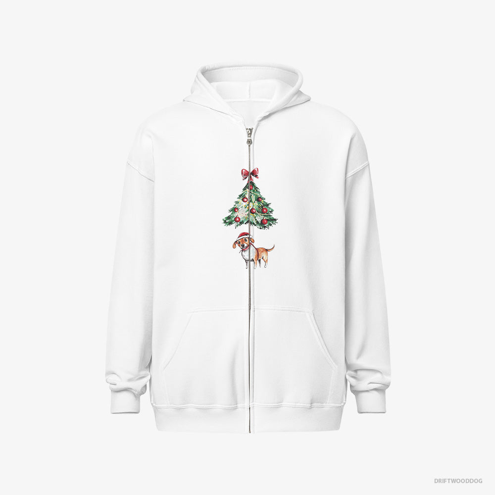 Beagle Hoodie – Men White Hoodie Full-Zip – Tied to the Christmas Tree (on White Background)