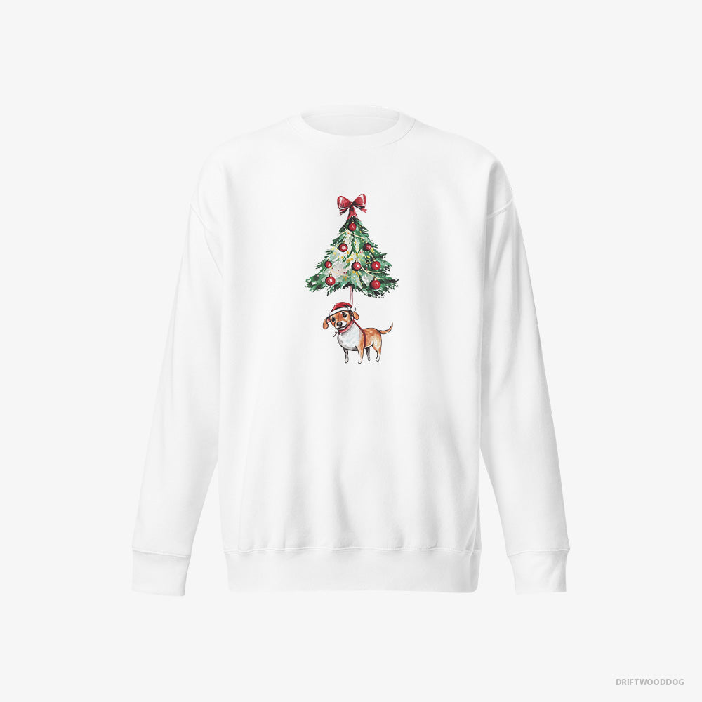 Beagle Sweatshirt – Men White Sweatshirt Eco-Friendly – Tied to the Christmas Tree (on White Background)