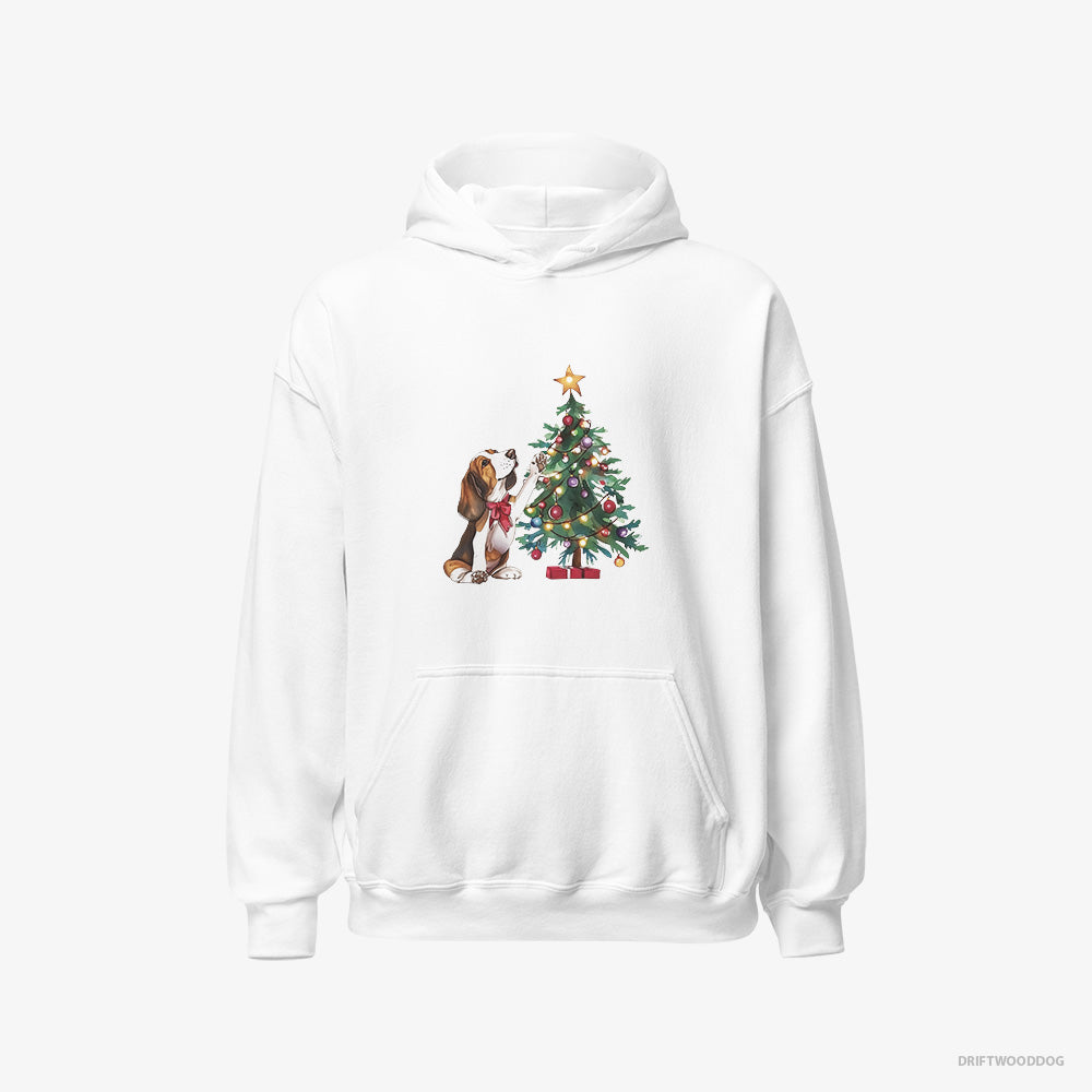 Basset Hound Hoodie – Men White Hoodie Classic – Decorating the Christmas Tree (on White Background)