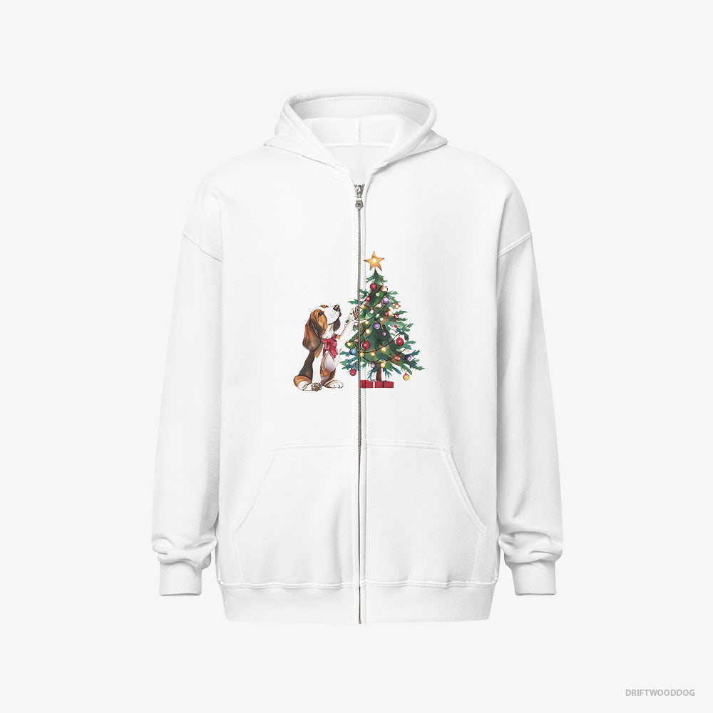 Basset Hound Hoodie – Men White Hoodie Full-Zip – Decorating the Christmas Tree (on White Background)