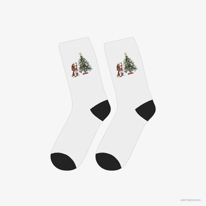 Basset Hound Socks – Unisex White Socks Classic – Decorating the Christmas Tree (on White Background)