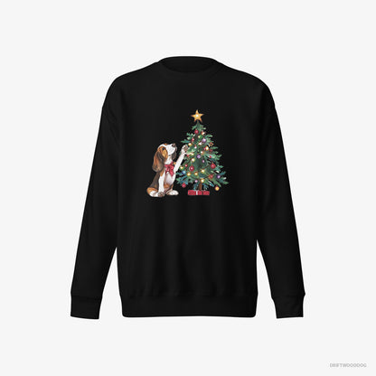 Basset Hound Sweatshirt – Men Black Sweatshirt Eco-Friendly – Decorating the Christmas Tree (on White Background)