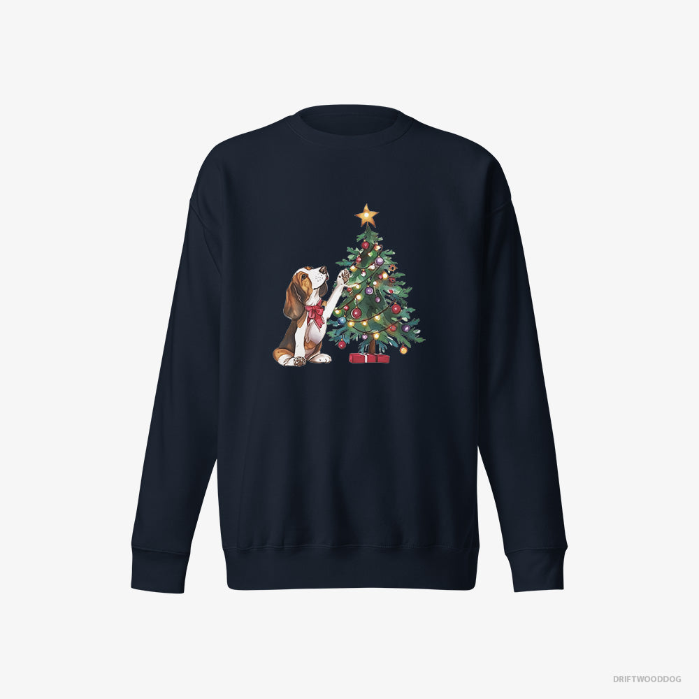 Basset Hound Sweatshirt – Men Navy Sweatshirt Eco-Friendly – Decorating the Christmas Tree (on White Background)