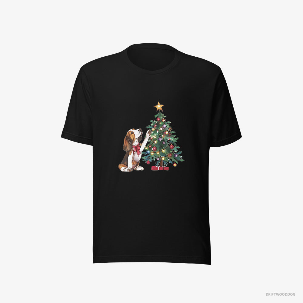 Basset Hound T-Shirt – Men Black T-Shirt Eco-Friendly – Decorating the Christmas Tree (on White Background)