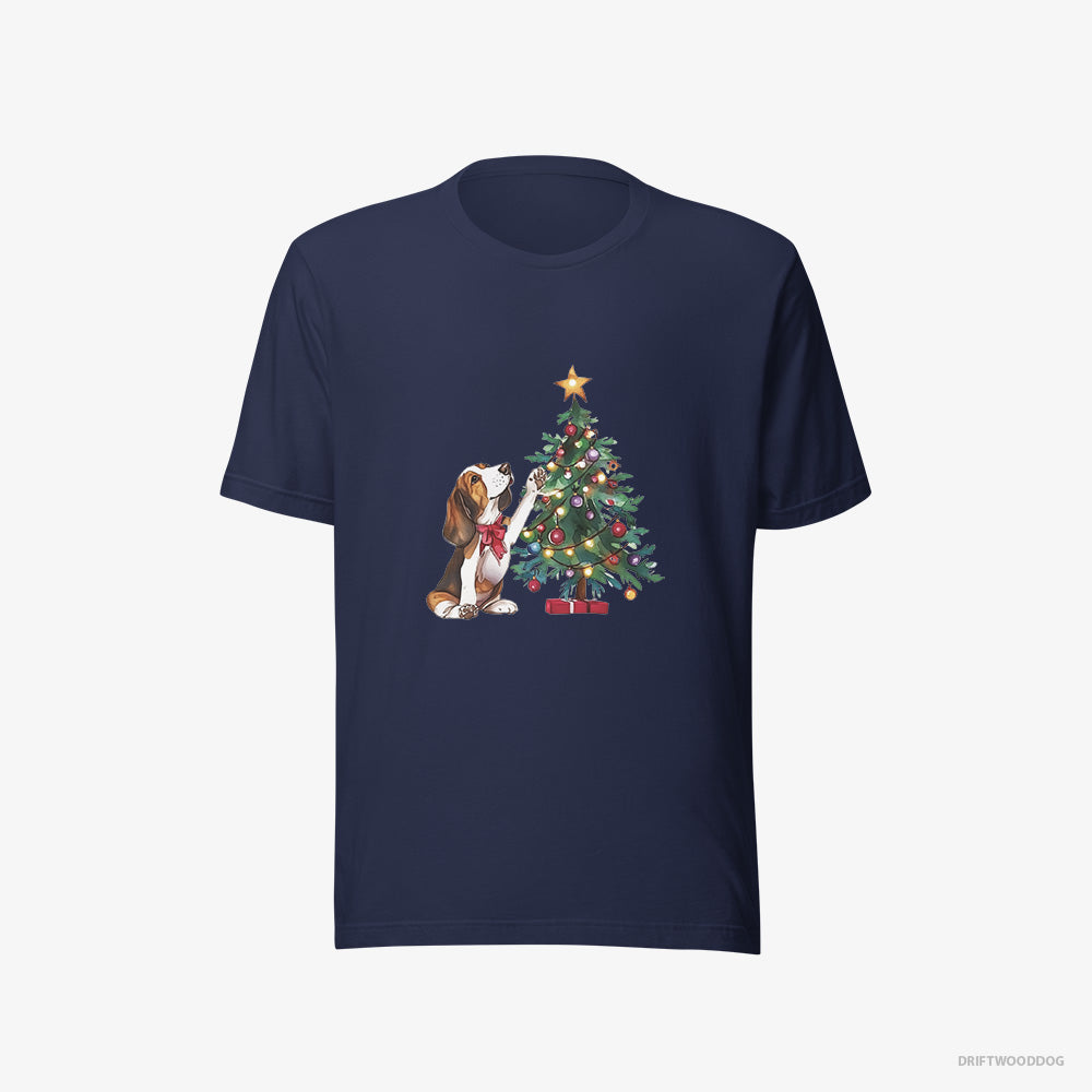 Basset Hound T-Shirt – Men Navy T-Shirt Eco-Friendly – Decorating the Christmas Tree (on White Background)