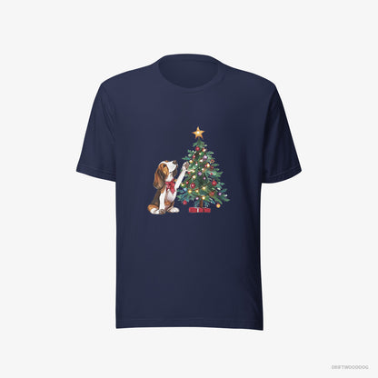 Basset Hound T-Shirt – Men Navy T-Shirt Eco-Friendly – Decorating the Christmas Tree (on White Background)