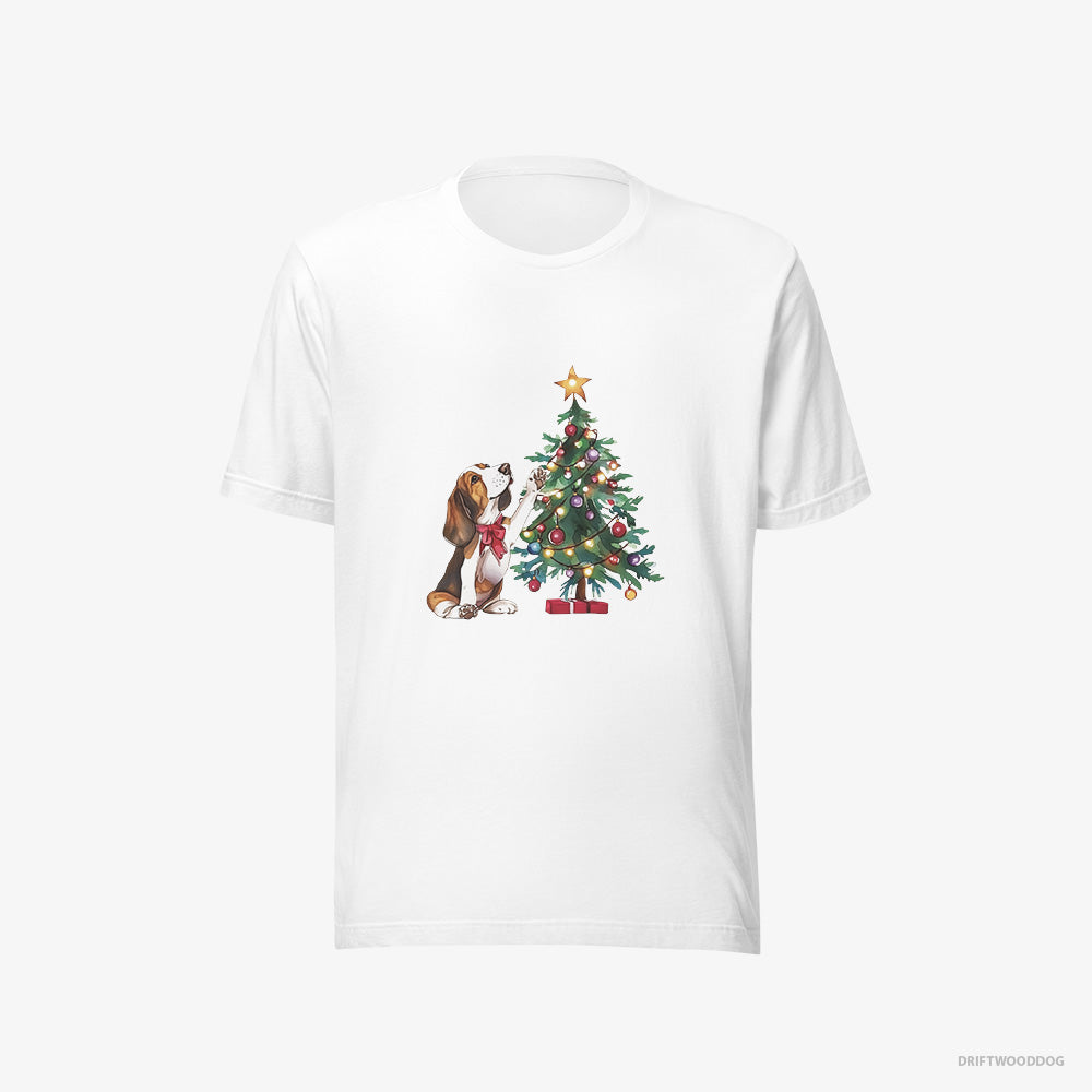 Basset Hound T-Shirt – Women White T-Shirt Eco-Friendly – Decorating the Christmas Tree (on White Background)