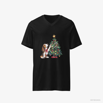 Basset Hound T-Shirt – Women Black T-Shirt V-Neck – Decorating the Christmas Tree (on White Background)