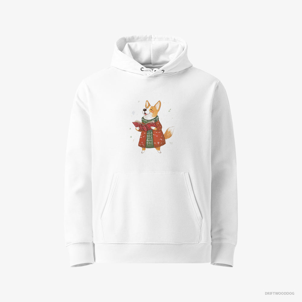 Corgi Hoodie – Women White Hoodie Eco-Friendly – Joyfully Singing Christmas Carols (on White Background)